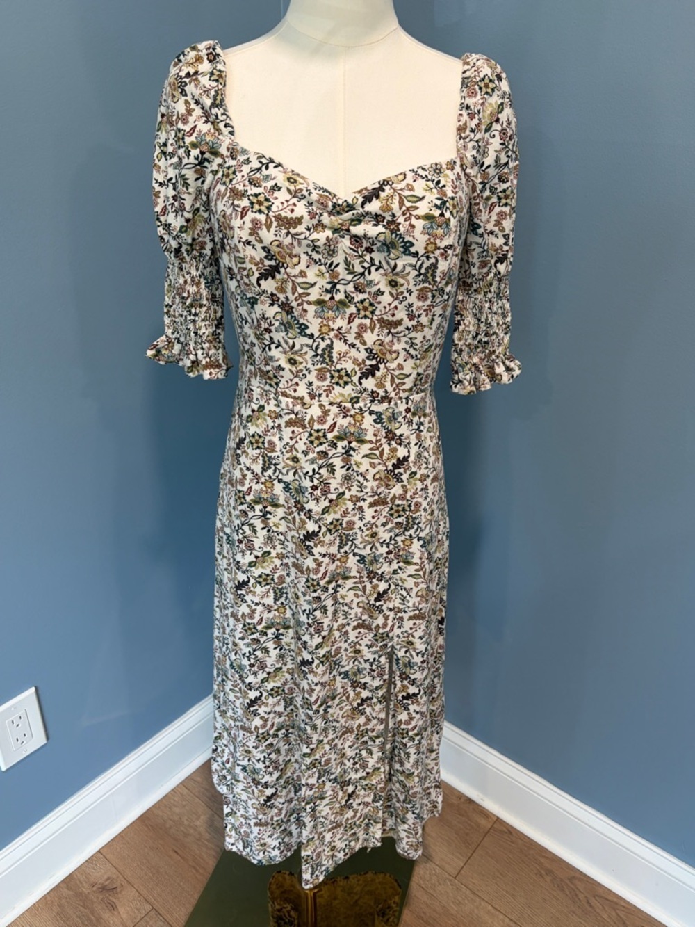 Floral Puff-Sleeve Midi Dress - White Multi